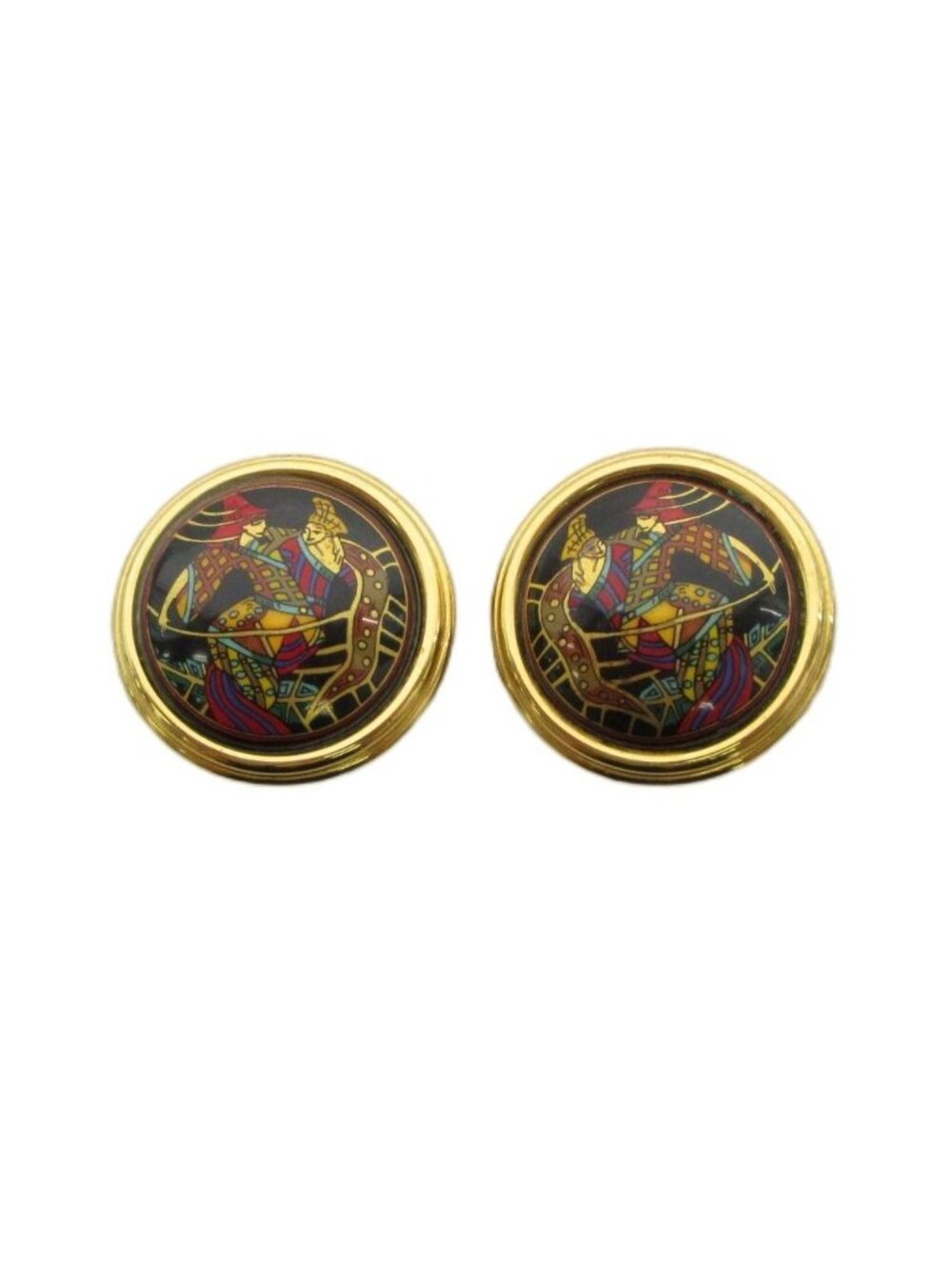 Hermes Enamel Cloisonne Earrings Clip-On Gold Plated Colored Black